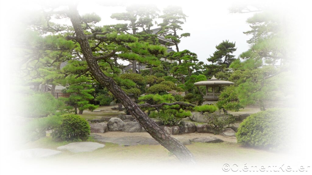 Jardin japonais appelé Tamano Park dans la château Hiunkaku de Takamatsu