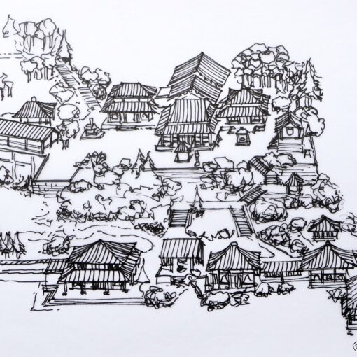 Dessin en perspective du temple Hase-dera sur sa colline à Kamakura par Clément Keller