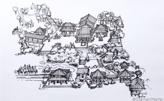 Dessin en perspective du temple Hase-dera sur sa colline à Kamakura par Clément Keller