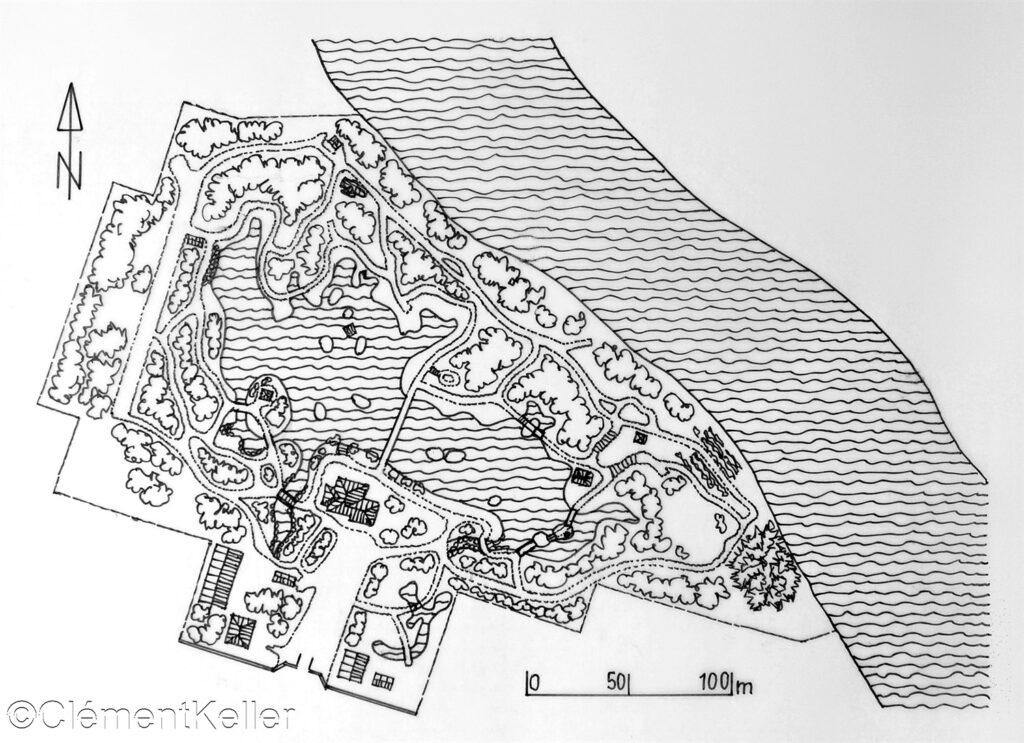 Plan du jardin Shukkei-en à Hiroshima avec échelle sur 100 mètres et orientation au Nordryu-Sanso à Ozu avec échelle sur 20 mètres et orientation au Nord dessiné par Clément keller