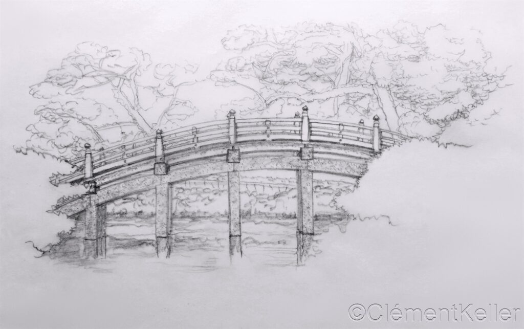 Dessin d'un pont courbé au sanctuaire Tenmangu à Dazaifu par Clément Keller