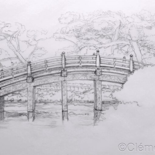 Dessin d'un pont courbé au sanctuaire Tenmangu à Dazaifu par Clément Keller