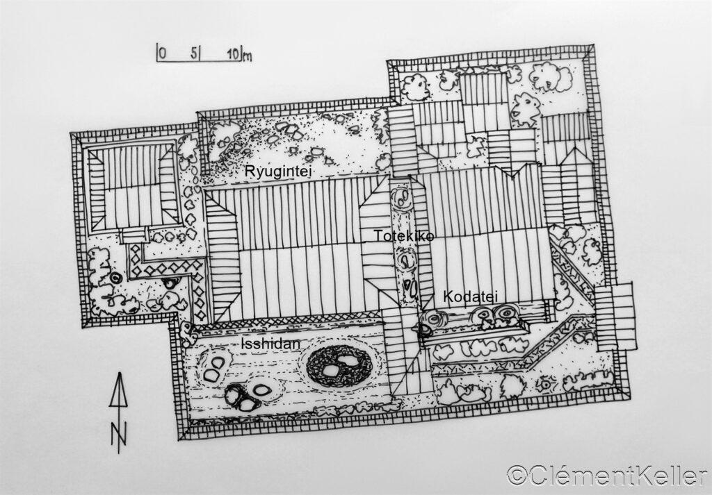 Plan du Ryogen-in dans le Daitiku-ji à Kyoto . Plan dressé par Clément Keller avec échelle sur 10 mètres et indication du Nord