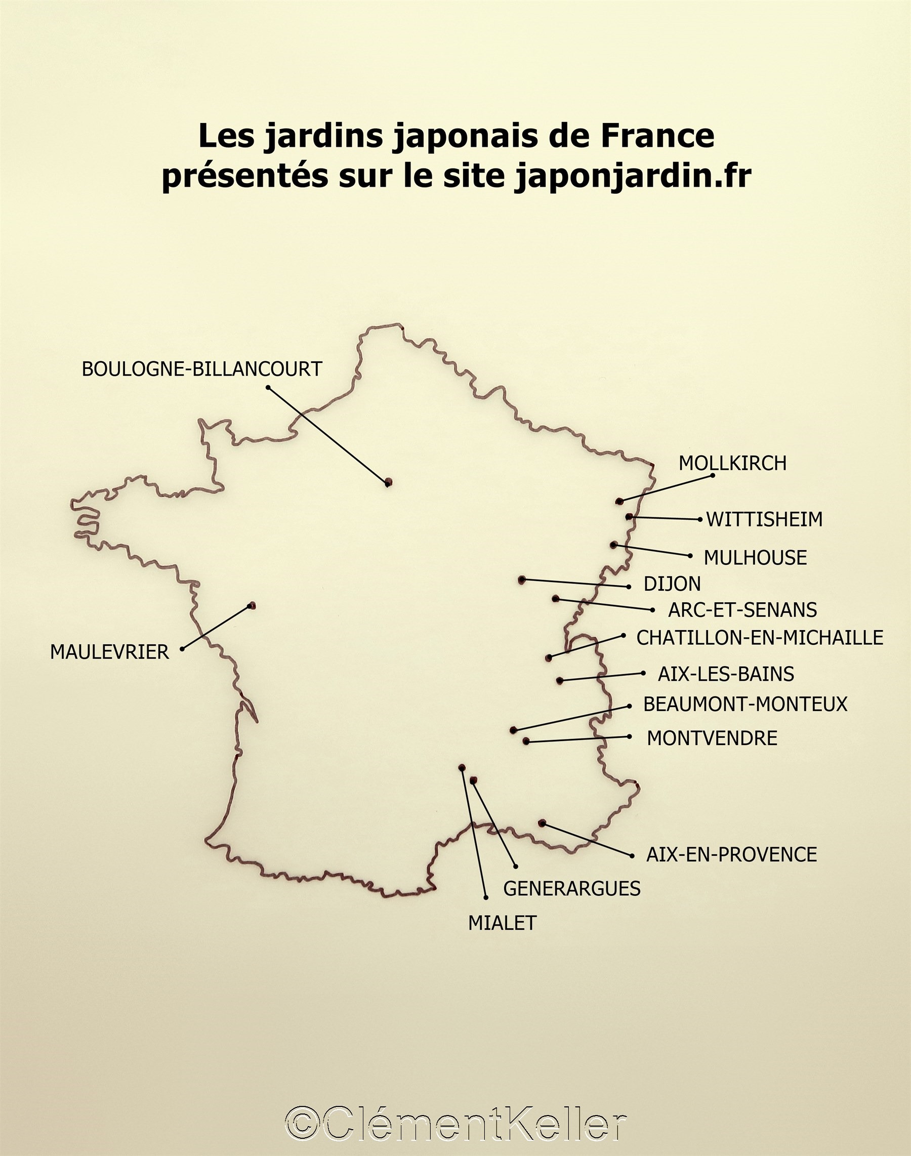 Carte des jardins japonais en France présentés sur le site internet japonjardin.fr